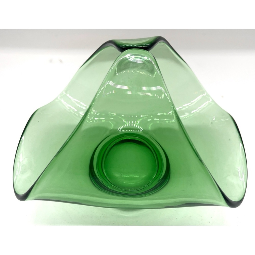 MCM Vintage Viking Glass Green Handkerchief Handled Dish Basket Catch All 60s